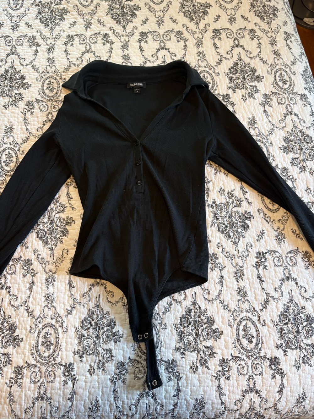 Express Black Long-Sleeve Polo V-Neck Bodysuit